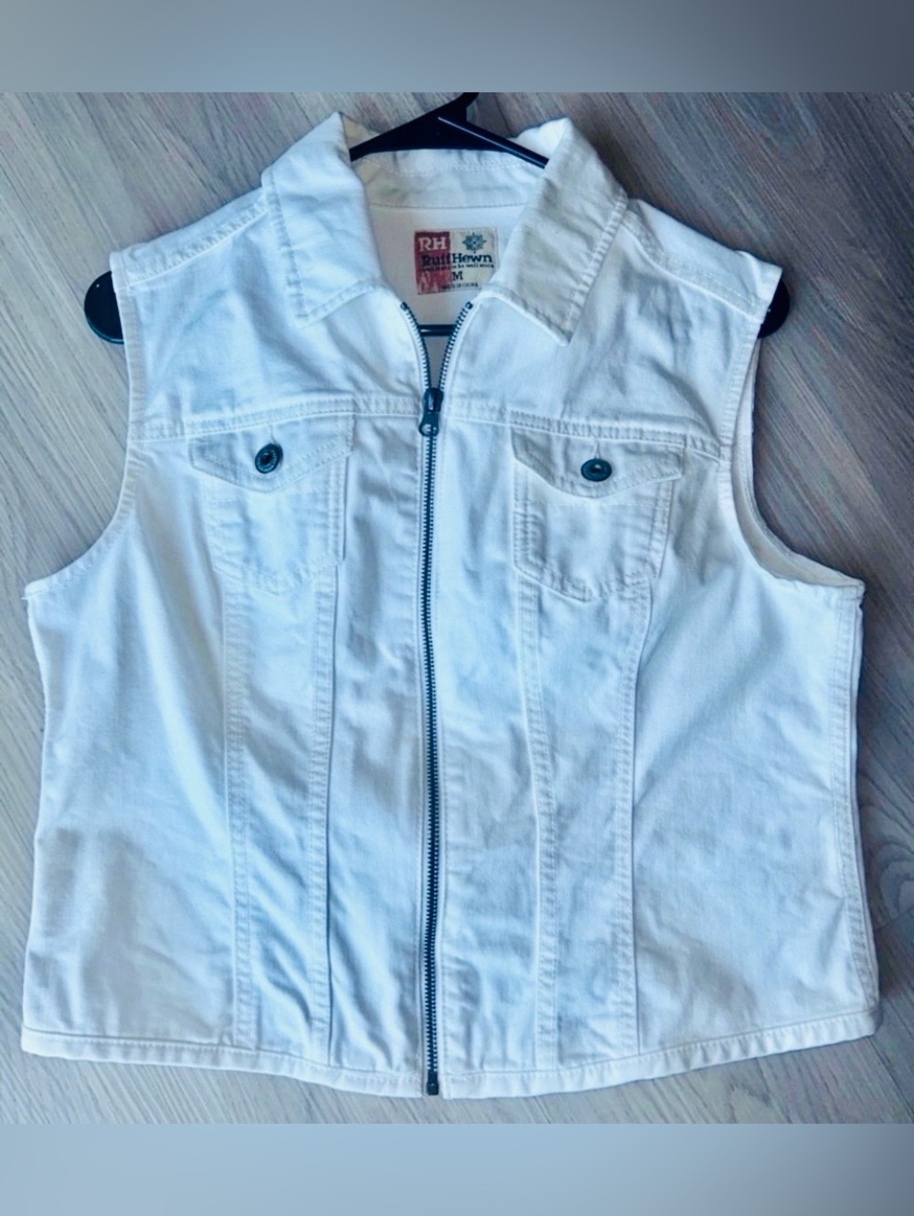 Ruff Hewn Full Zip Denim Vest M White Cotton Casual Sleeveless